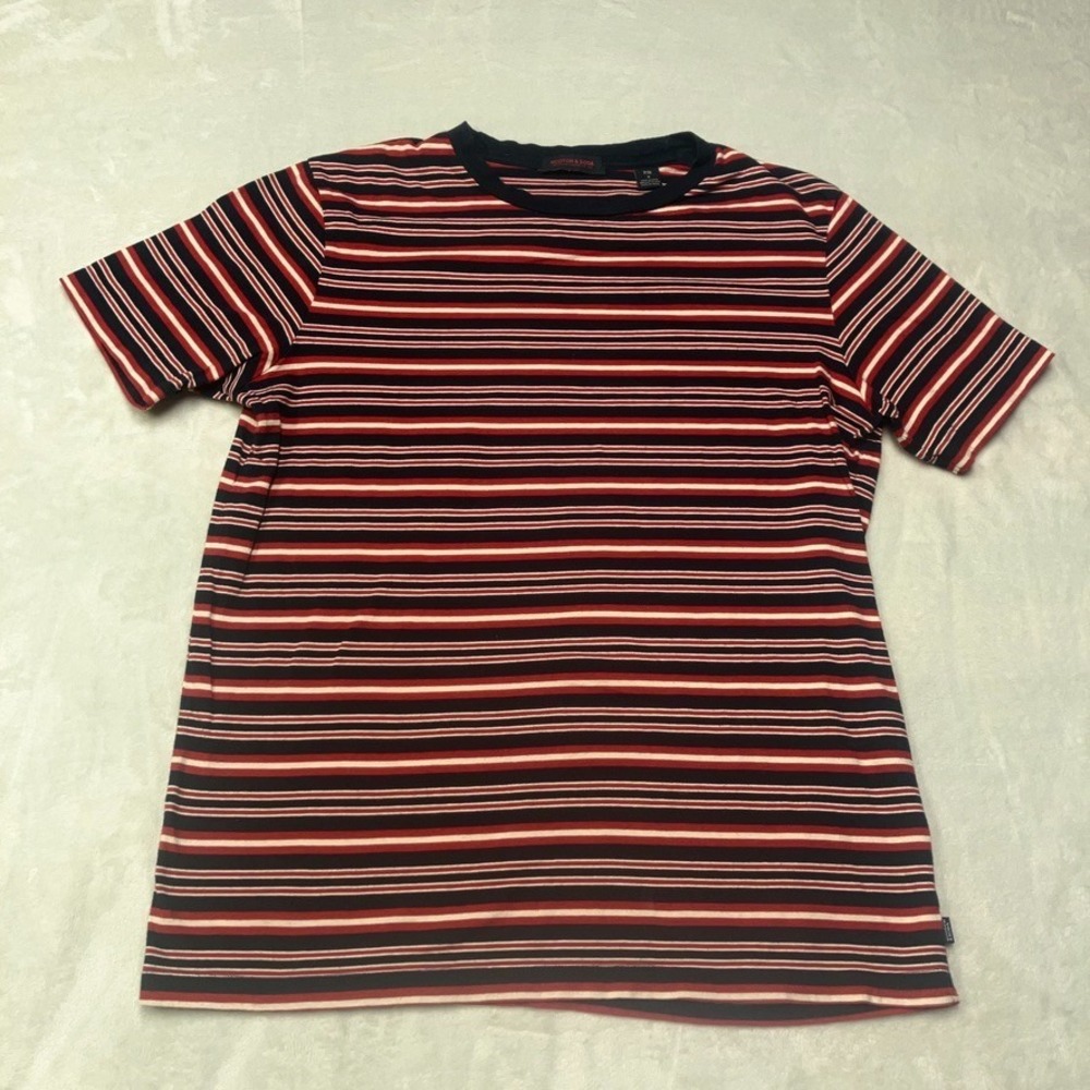 Scotch & Soda Mens Small Striped Cotton Short Sleeve T-Shirt Black Red White Tee
